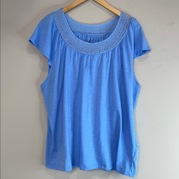 My Style Flutter Short Sleeve Crochet Neck Top Blue Ladder Lace 1X - Picture 2 of 10